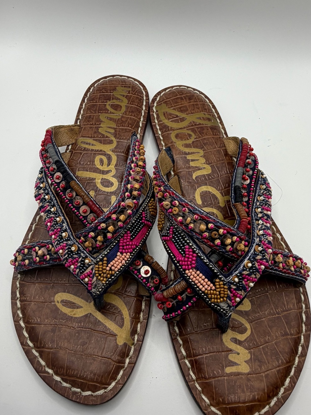 Sam Edelman Hand-Beaded Bohemian Style Brown Leather Thong Sandals - Picture 5 of 6
